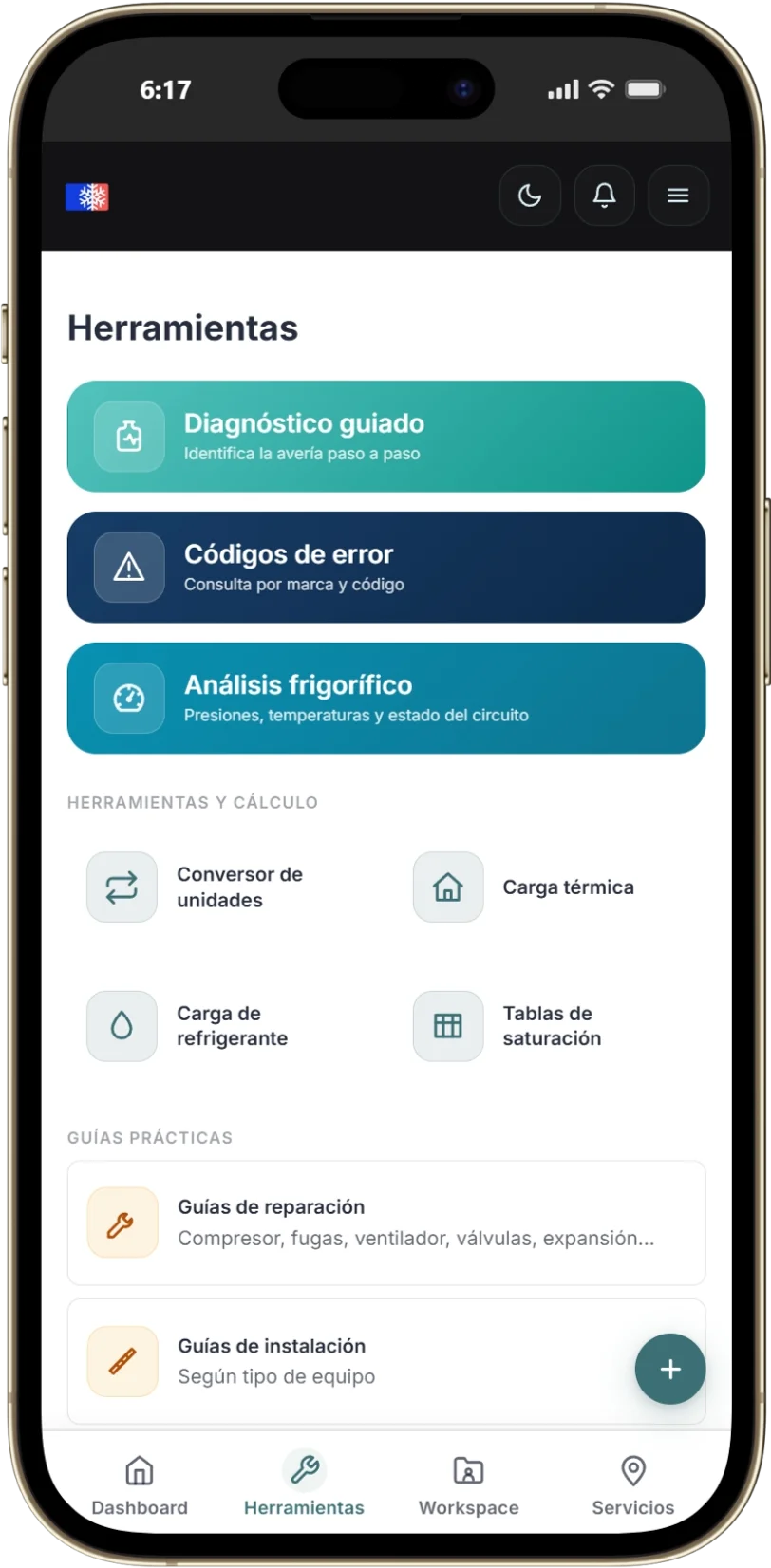 Mockup móvil de herramientas técnicas de AirconCheck
